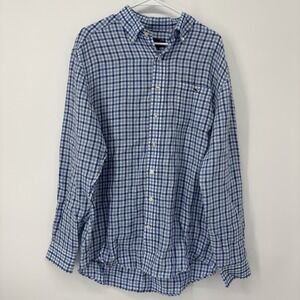 Vineyard Vines Blue Check Classic Fit Tucker Shirt Long Sleeve 100% Linen Large